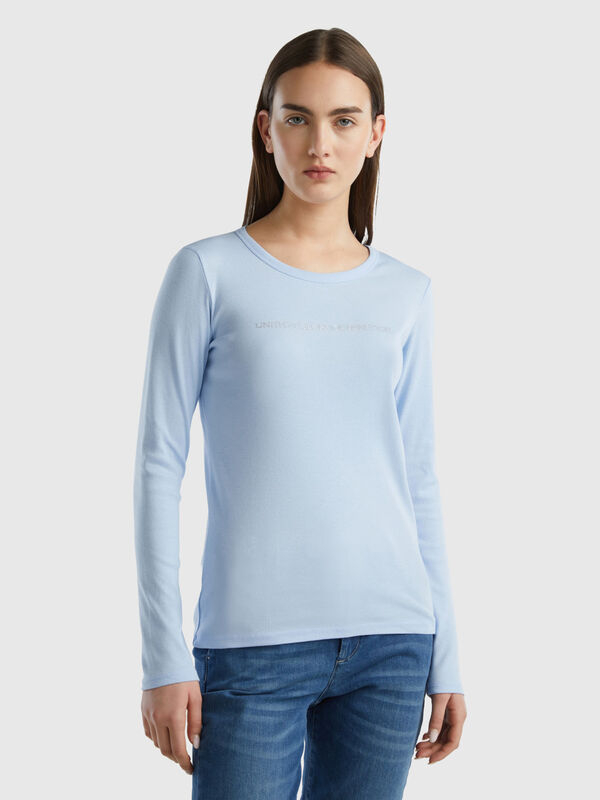 T-shirt bleu clair à manches longues 100 % coton Femme