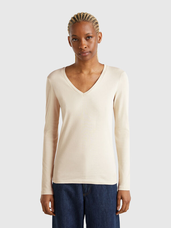 T-shirt manches longues col V Femme