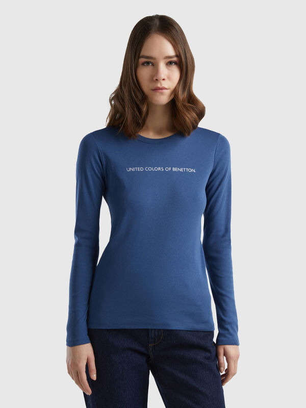 Langärmeliges T-Shirt aus 100% Baumwolle in Avion-Blau Damen