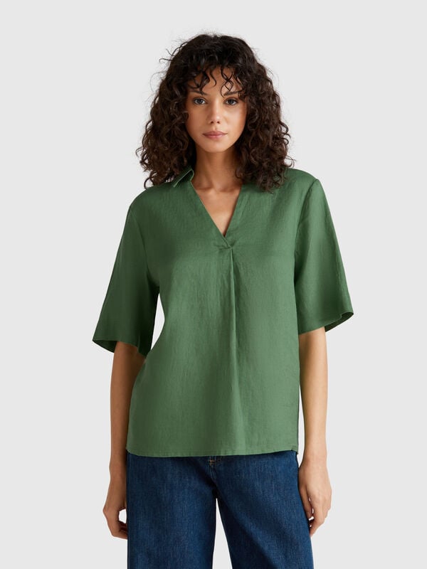 Blouse à manches courtes en pur lin Femme