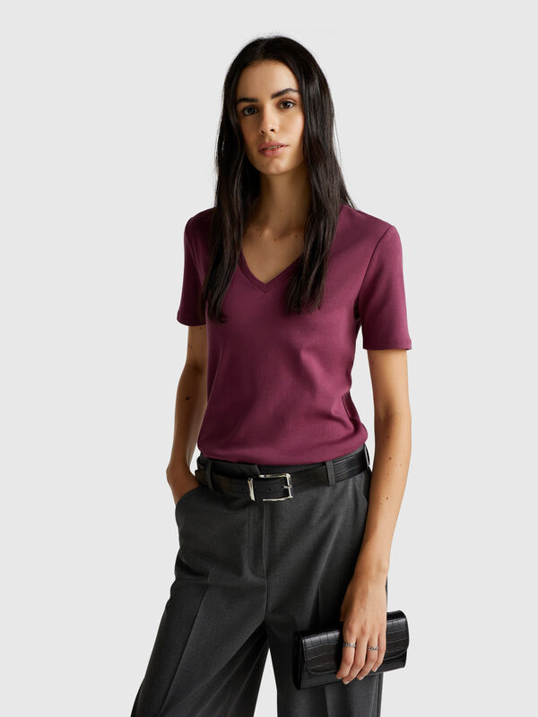 T-Shirt aus reiner Baumwolle mit V-Ausschnitt Damen