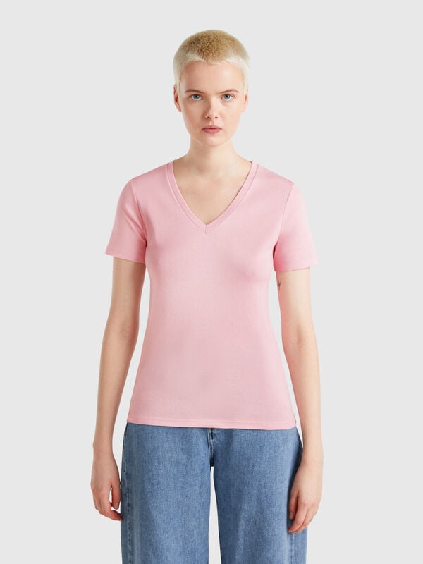 T-Shirt in Rosa aus reiner Baumwolle mit V-Ausschnitt Damen