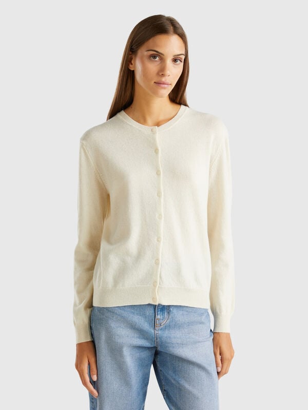 Cream crew neck cardigan in pure Merino wool Women