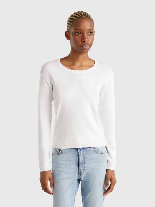 Pull blanc à col rond en pur coton Femme
