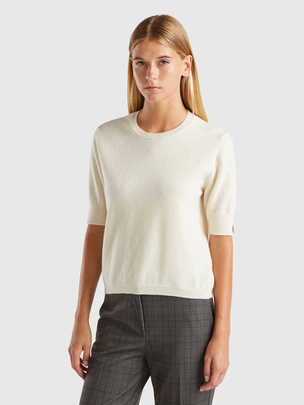 Pull crème à manches courtes en pure laine mérinos Femme