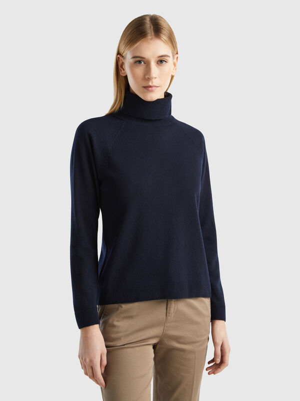 Rollkragenpullover aus Mischwolle und Cashmere in Nachtblau Damen