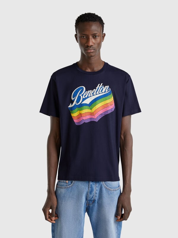 T-shirt en coton bleu foncé avec logo multicolore Homme