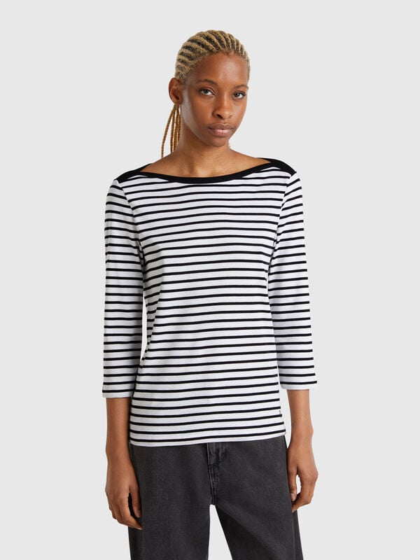 T-shirt rayé à manches 3/4 en pur coton Femme