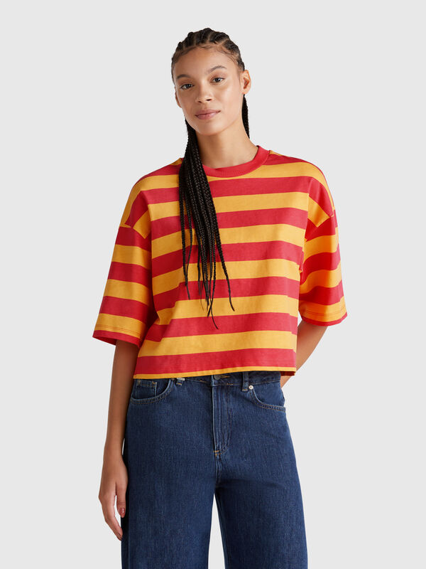 T-shirt rayé orange et fuchsia Femme