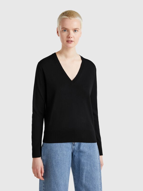 Pull col V en soie mélangée Femme