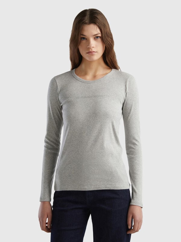 T-shirt gris manches longues 100 % coton Femme