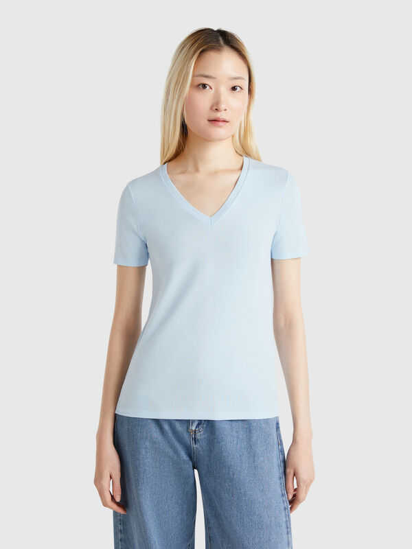 T-shirt bleu clair en pur coton à col en V Femme