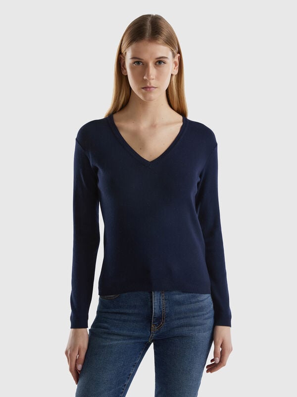 Pull en pur coton à col en V Femme