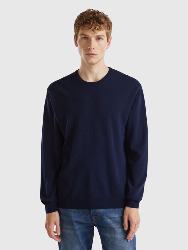 Pull bleu foncé col rond en pure laine Mérinos Homme