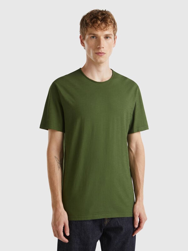 T-shirt vert olive en coton flammé Homme