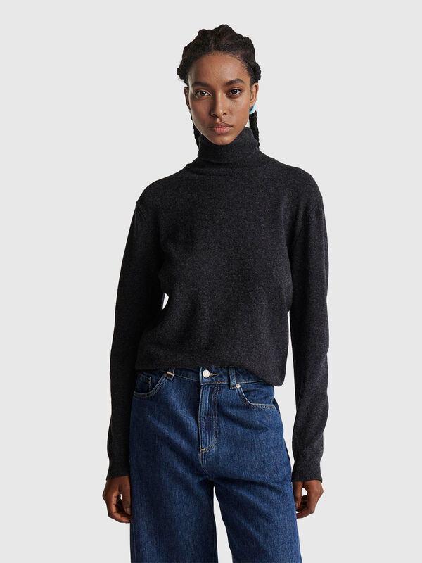 Dunkelgrauer Rollkragenpullover aus reiner Merinowolle Damen