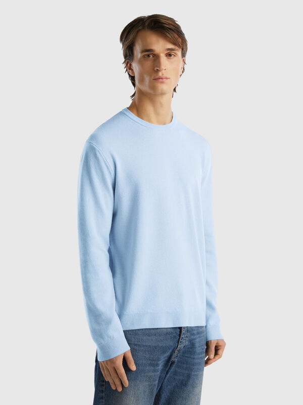 Light blue crew neck sweater in pure Merino wool Men