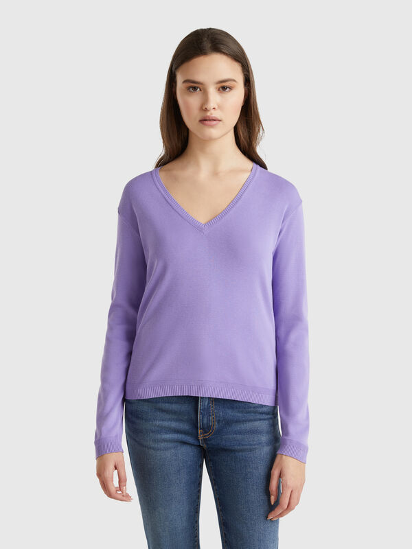 Pull en pur coton à col en V Femme