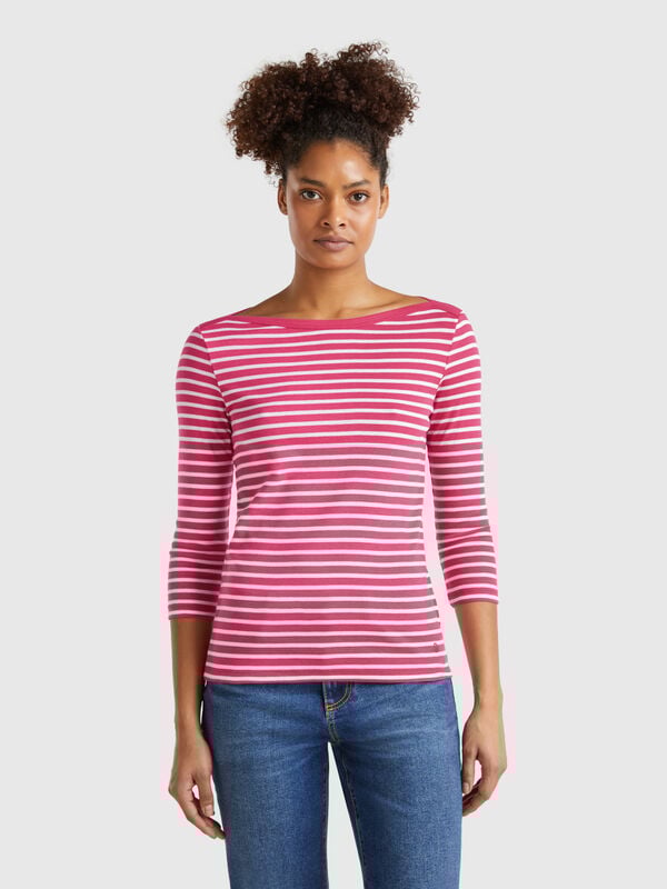Gestreiftes T-Shirt mit 3/4-Ärmeln aus reiner Baumwolle Damen