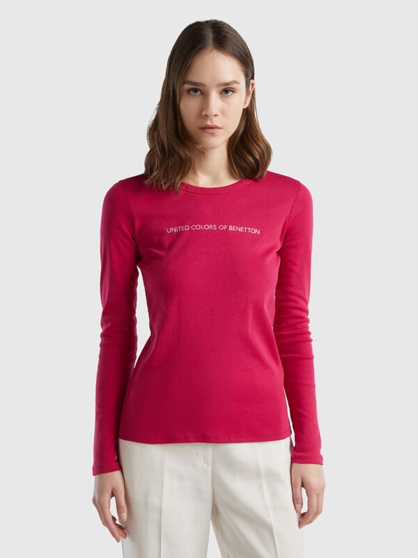 T-shirt rouge cerise à manches longues 100 % coton Femme