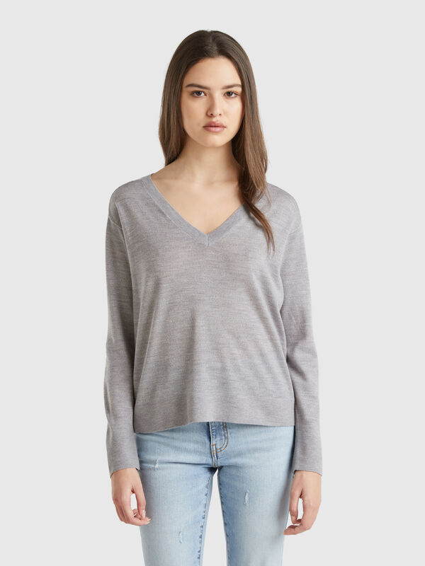Pullover mit V-Ausschnitt aus reiner Merinowolle Damen