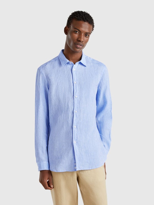 Chemise bleu clair à motifs en pur lin Homme