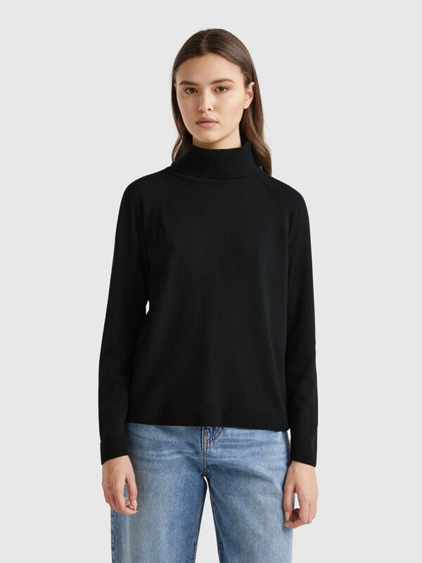 Pull noir à col montant en mélange de laine et de cachemire Femme