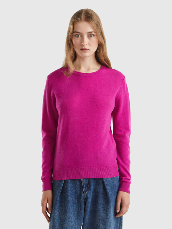 Pull col rond fuchsia cyclamen en pure laine mérinos Femme