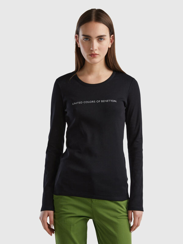 T-shirt noir manches longues 100 % coton Femme