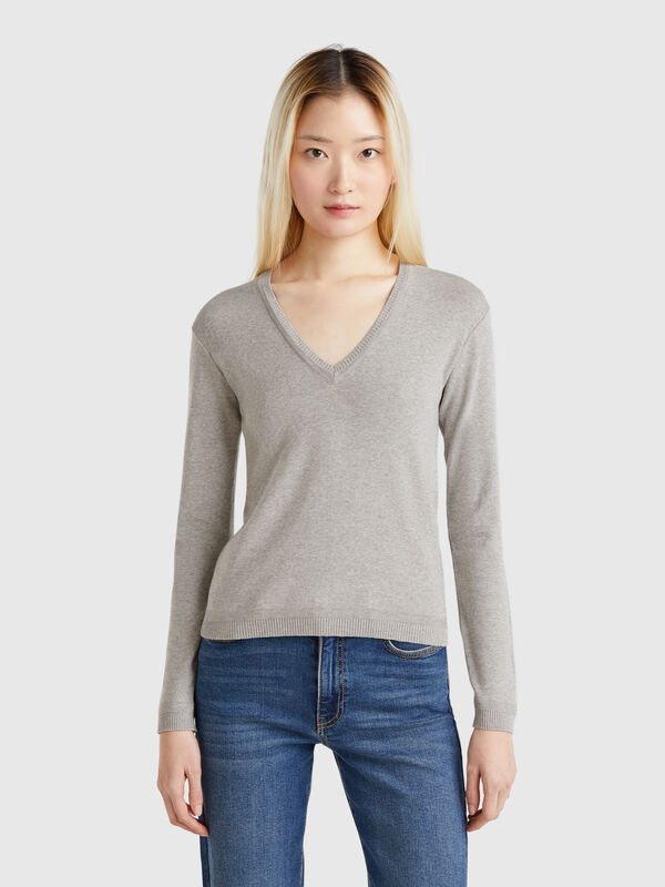 Pull en pur coton à col en V Femme
